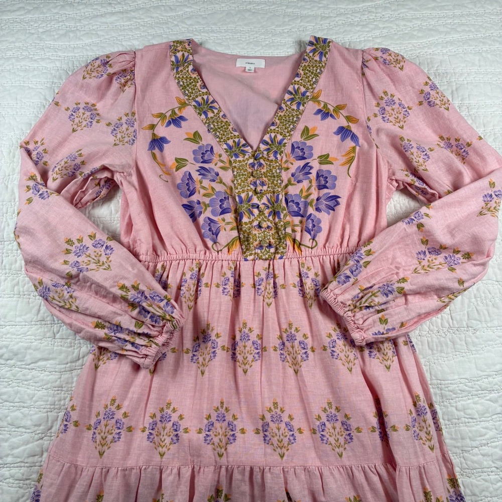 A Loves A Maxi Dress Women L Pink Floral Linen Blend Tiered Boho Long Sleeve